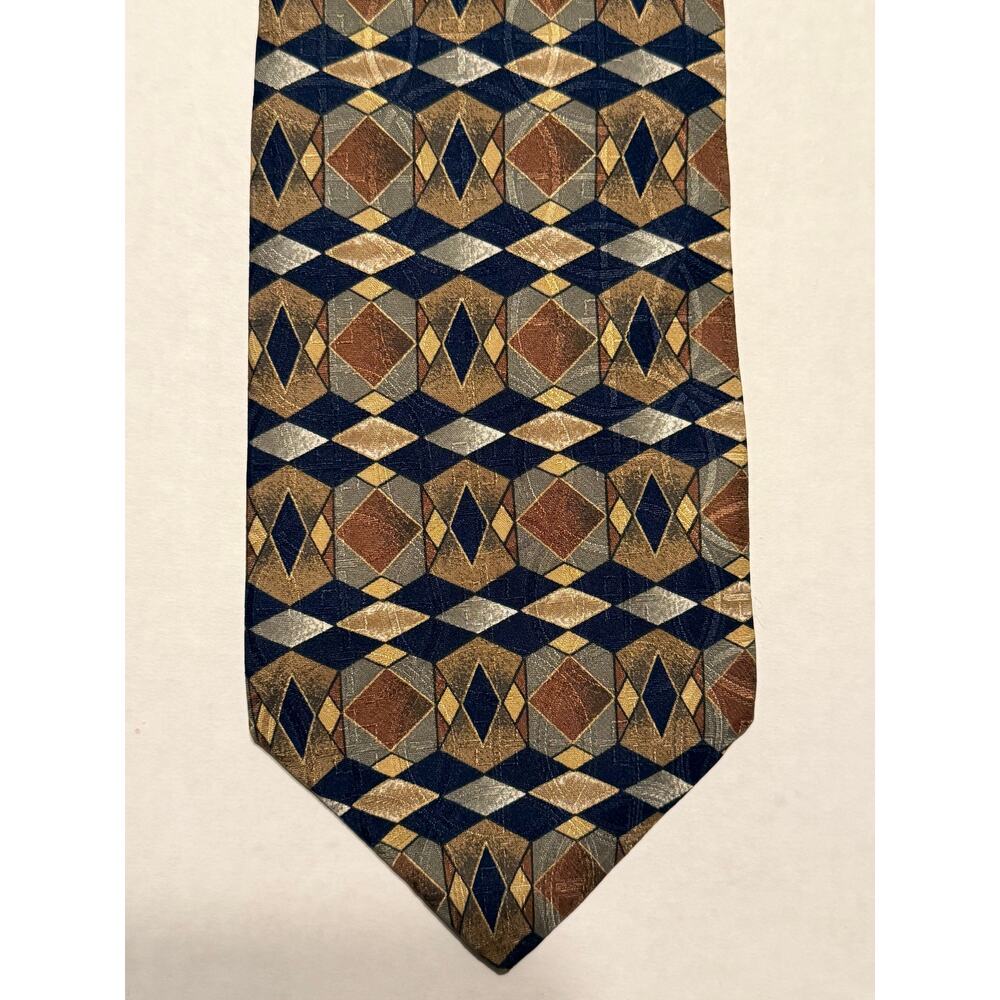 Geoffrey Beene 100% Italian Silk Necktie, Olive‎ Brown Black Geometric Design